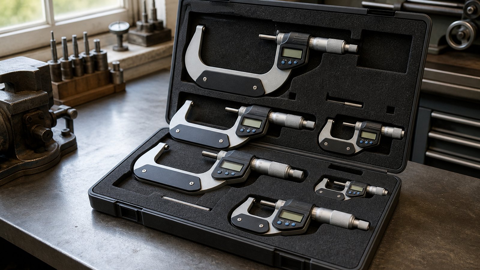 Metric digital outside micrometer set on a UK workshop bench